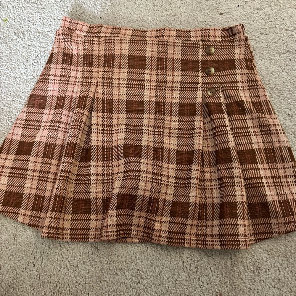 Knit works skort girls large(14) brown plaid pleated pull on back elastic